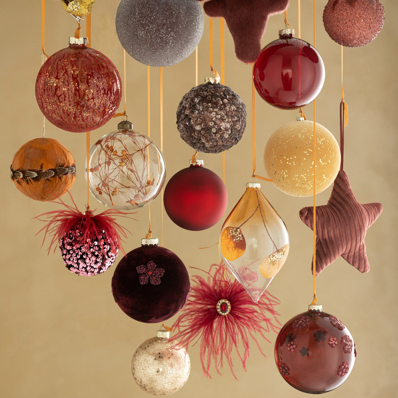 Doos Van 4 Kerstballen Druppel Gedroogd Blad Oker+Glitter Glas Transparant J-Line