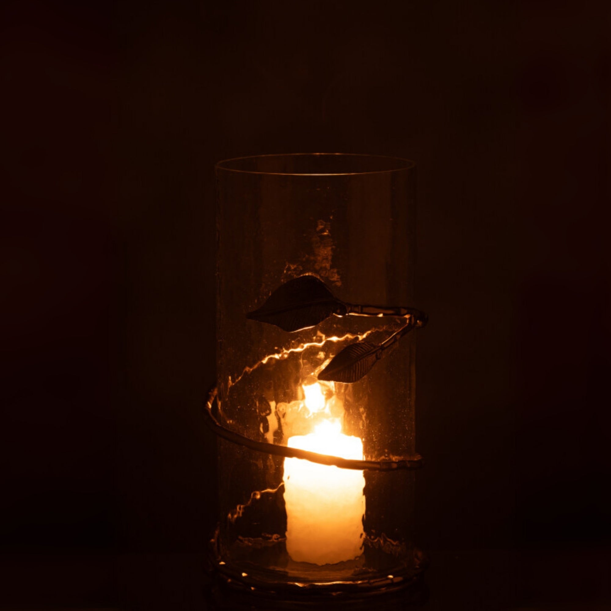 Glazen Windlicht met Gouden Bladeren Ø12.5x25cm J-Line