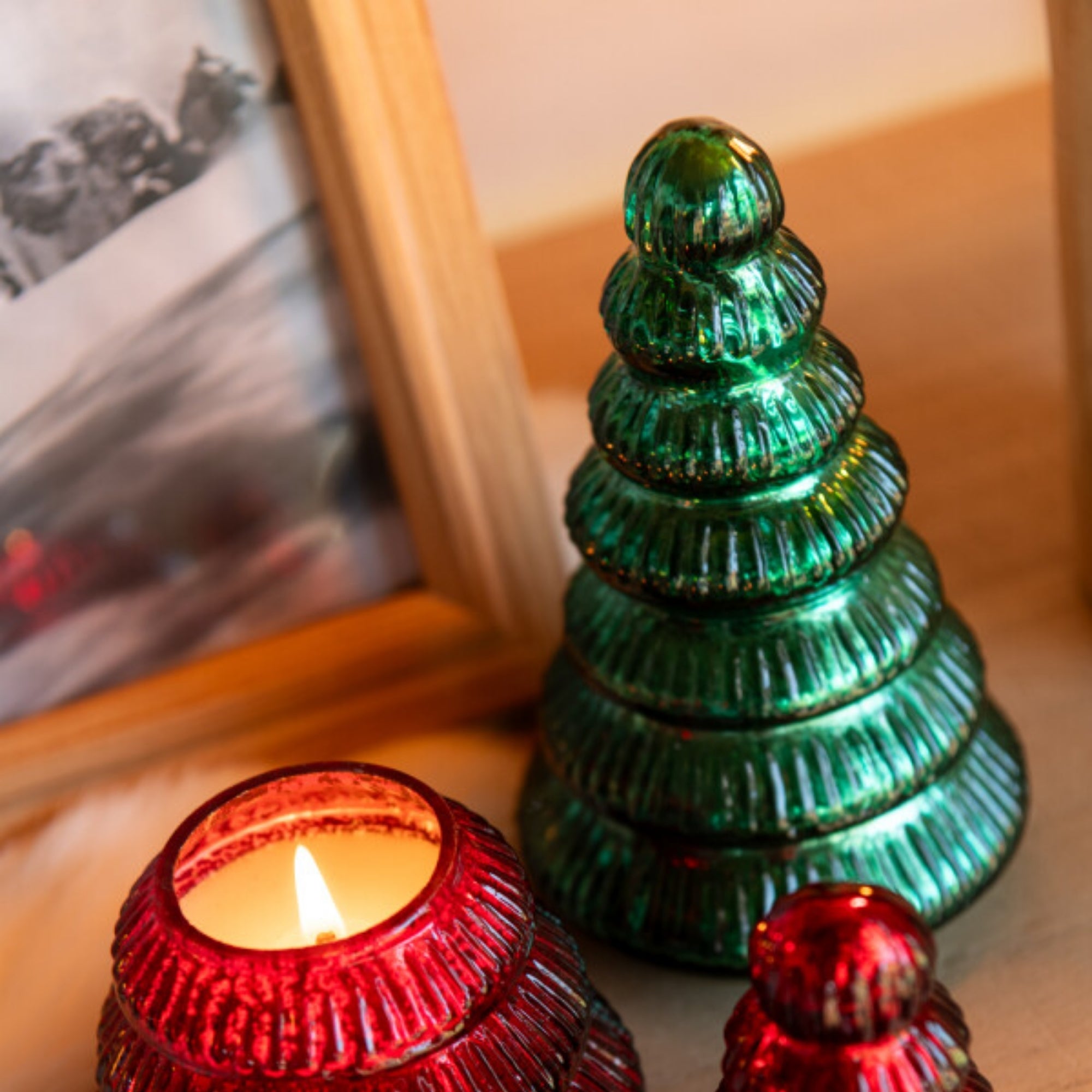 Geurkaars Kerstboom Glas Groen J-Line Set van 2