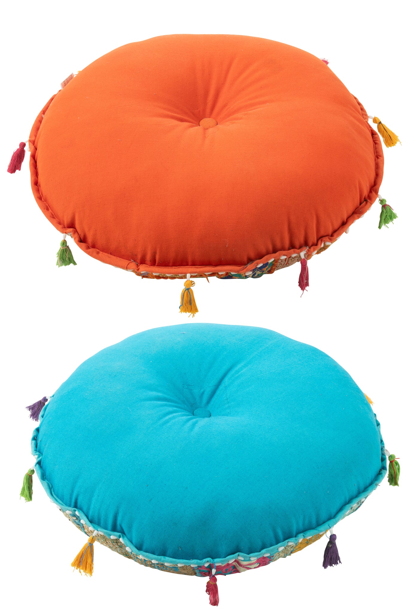 Poef Rond Plat Patronen + Kwasten Katoen Oranje/Blauw Set van 2 J-Line
