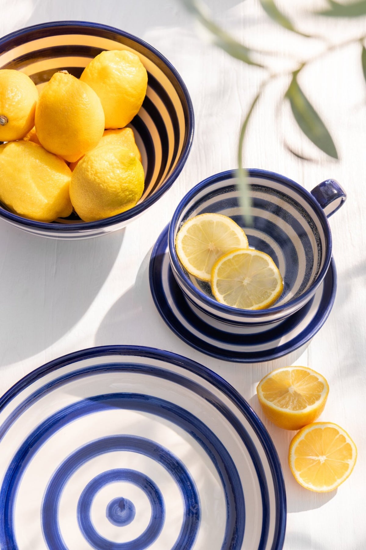 Koffiekop met Schaaltje Granada Strepen Cobalt Blauw/Wit Keramiek J-Line