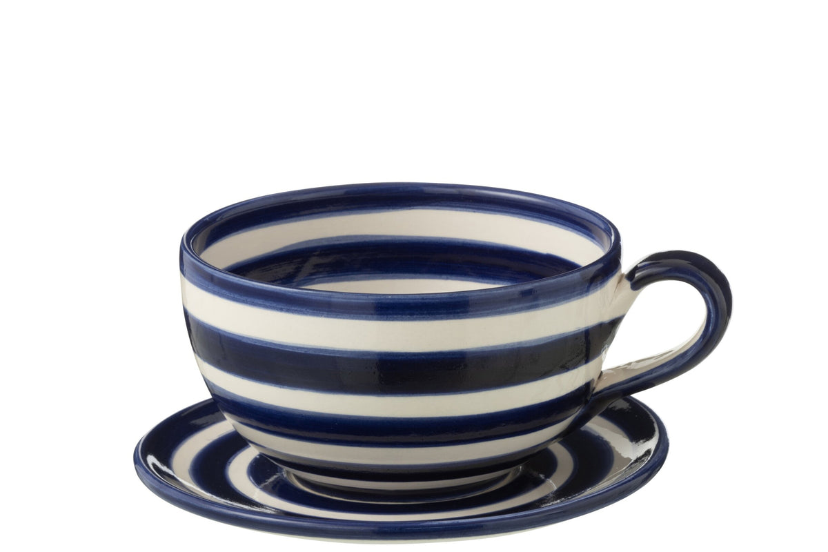 Koffiekop met Schaaltje Granada Strepen Cobalt Blauw/Wit Keramiek J-Line