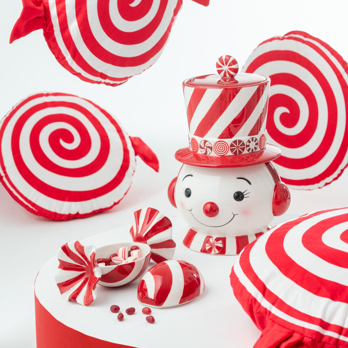 Voorraad Decoratief Sneeuwpop + Hoed Dolomiet Kerstrood/Wit J-Line