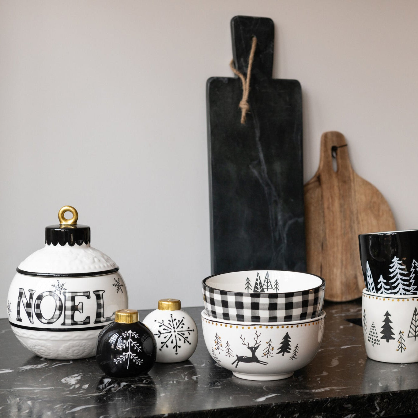 Voorraadpot Kerstmis Bal Rond Dolomiet Wit/Zwart J-Line