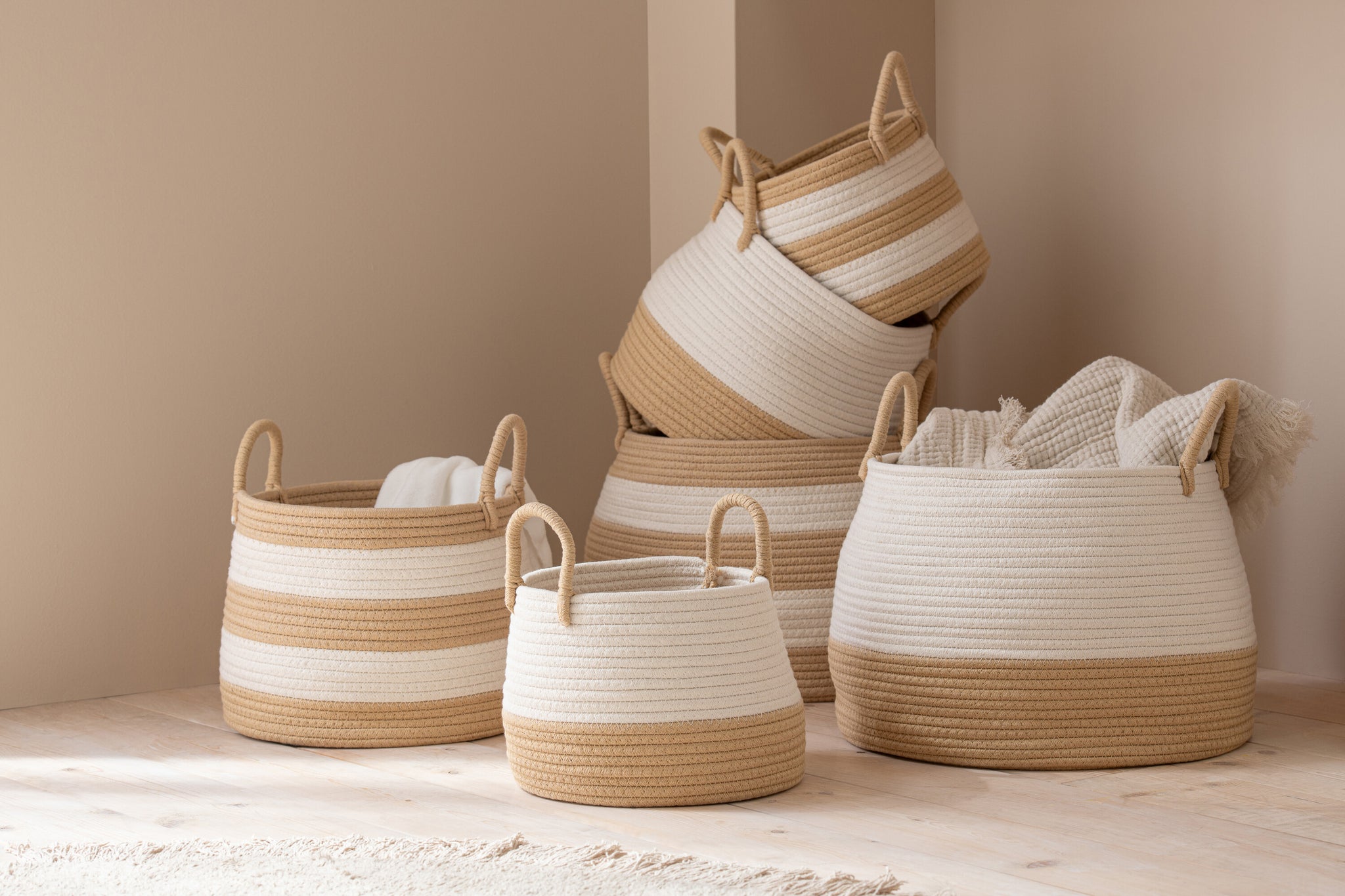 Set Van 3 Mand Met Handvat Rond Gestreept Polyester Naturel/Wit J-Line