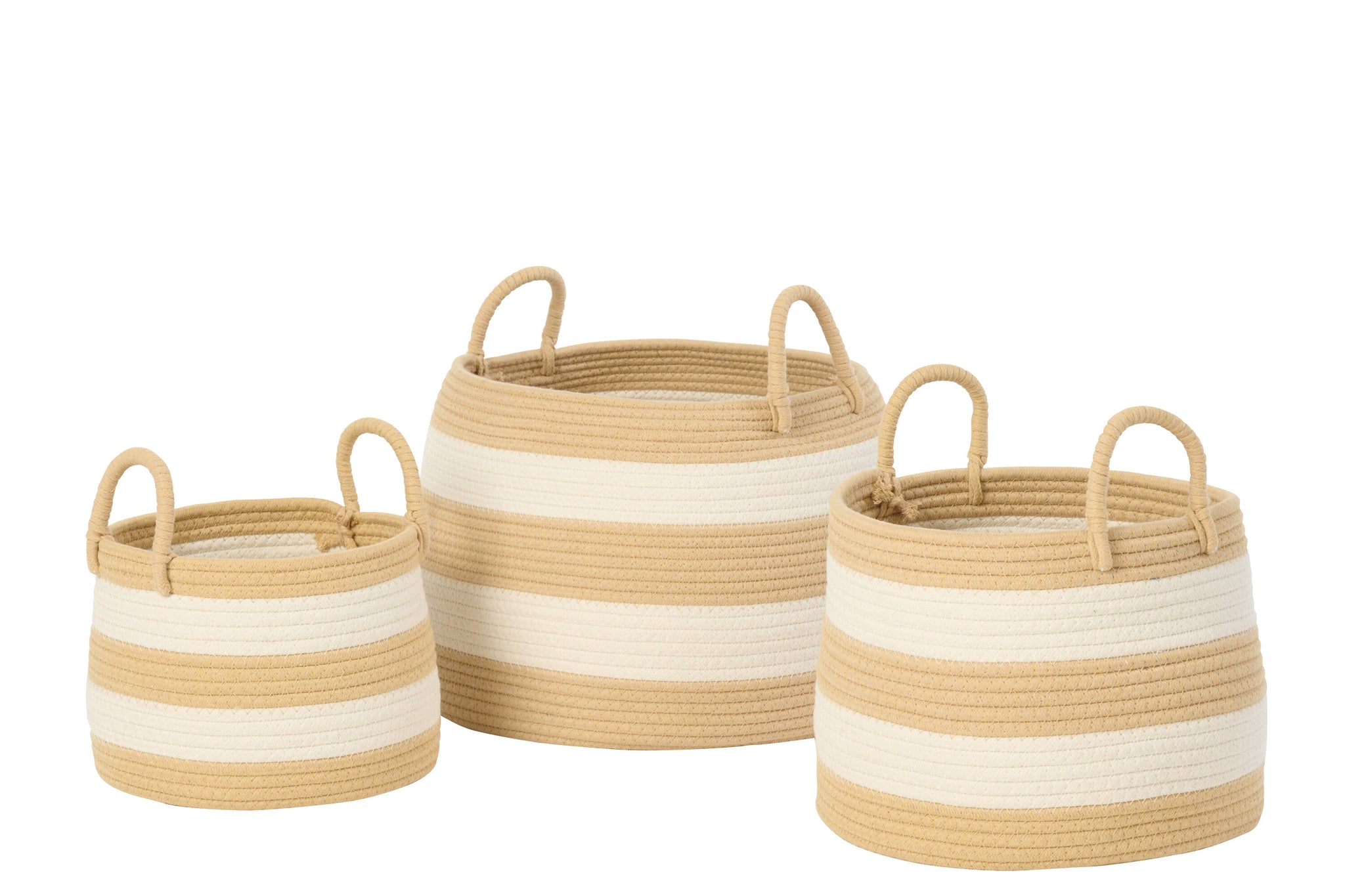 Set Van 3 Mand Met Handvat Rond Gestreept Polyester Naturel/Wit J-Line