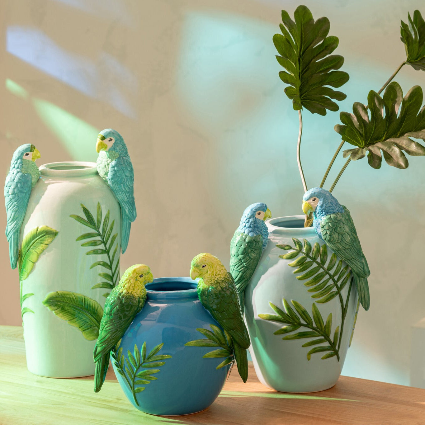 Vaas Papegaaien Keramiek Groen/Blauw Medium J-Line