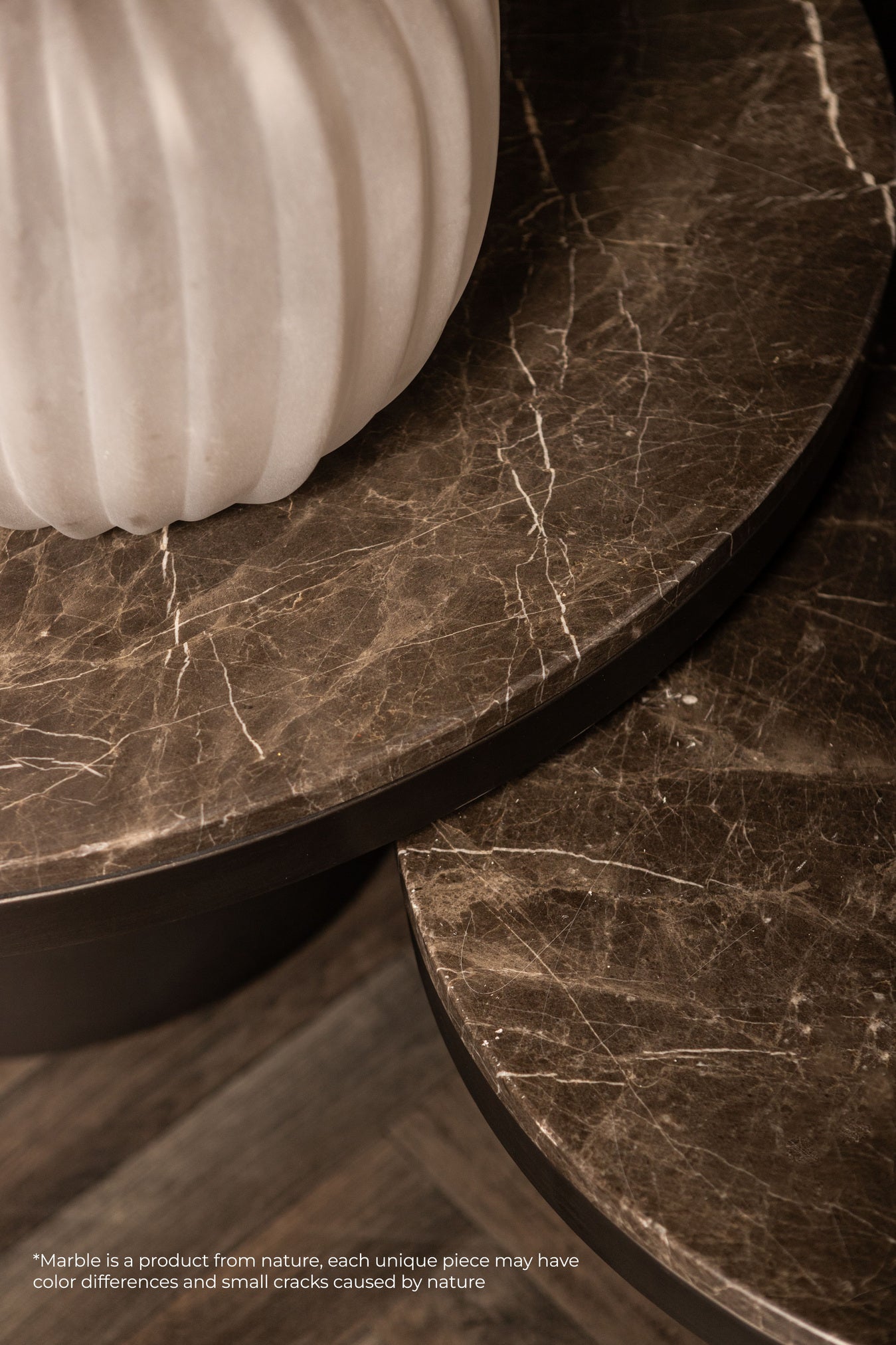 Bregt coffeetable low brown marble dark grey base PTMD