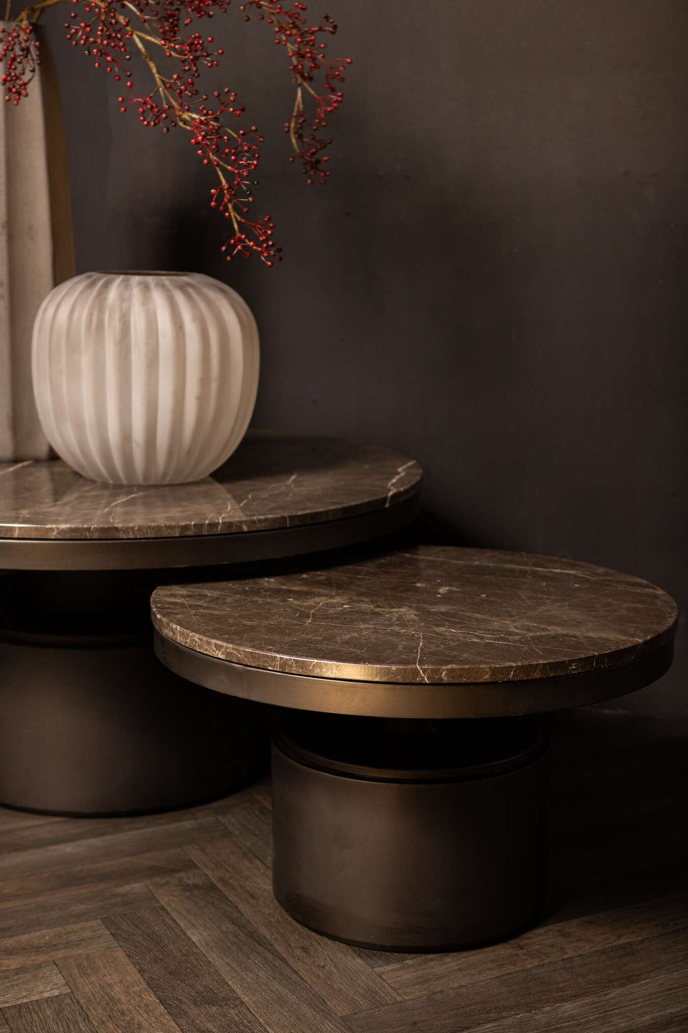 Bregt coffeetable low brown marble dark grey base PTMD