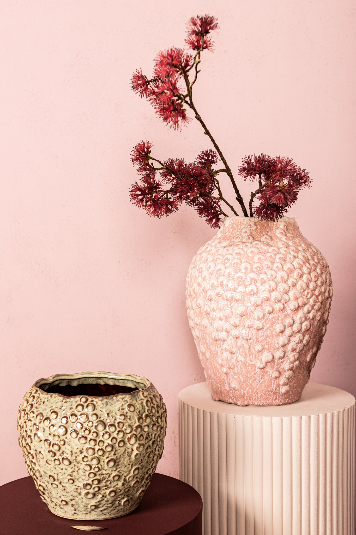 Avis PInk Ceramic Pot Round Shaped Scales High L Dia26cmxH35cm PTMD