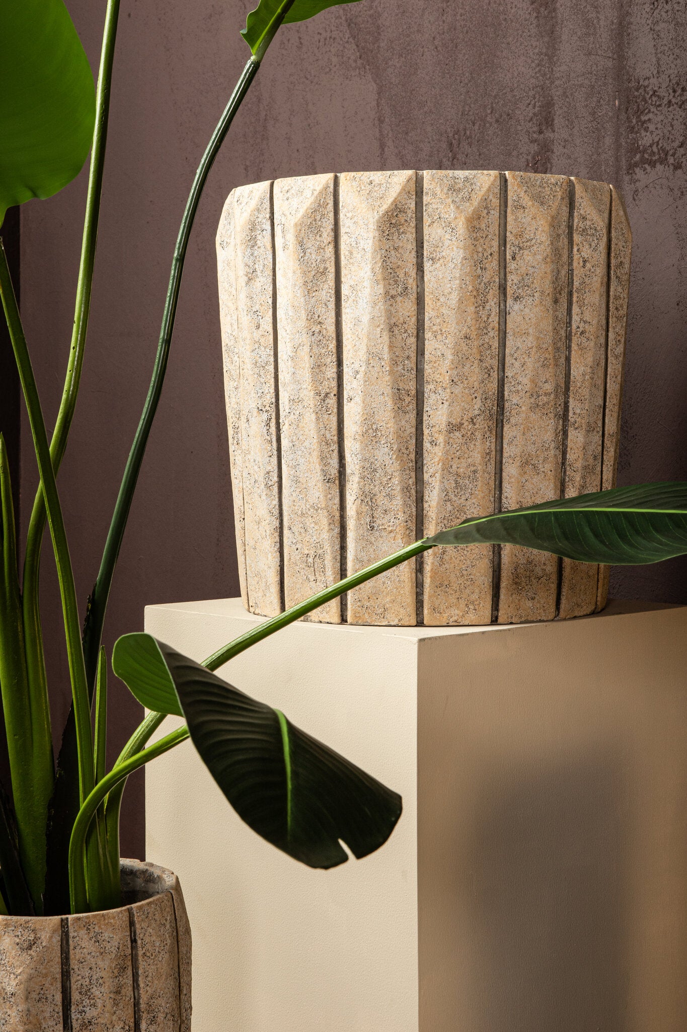 Imani Taupe Cement Pot High With Stripes M PTMD