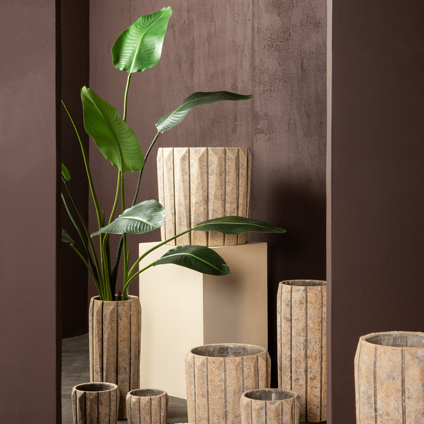 Imani Taupe Cement Pot High With Stripes L PTMD