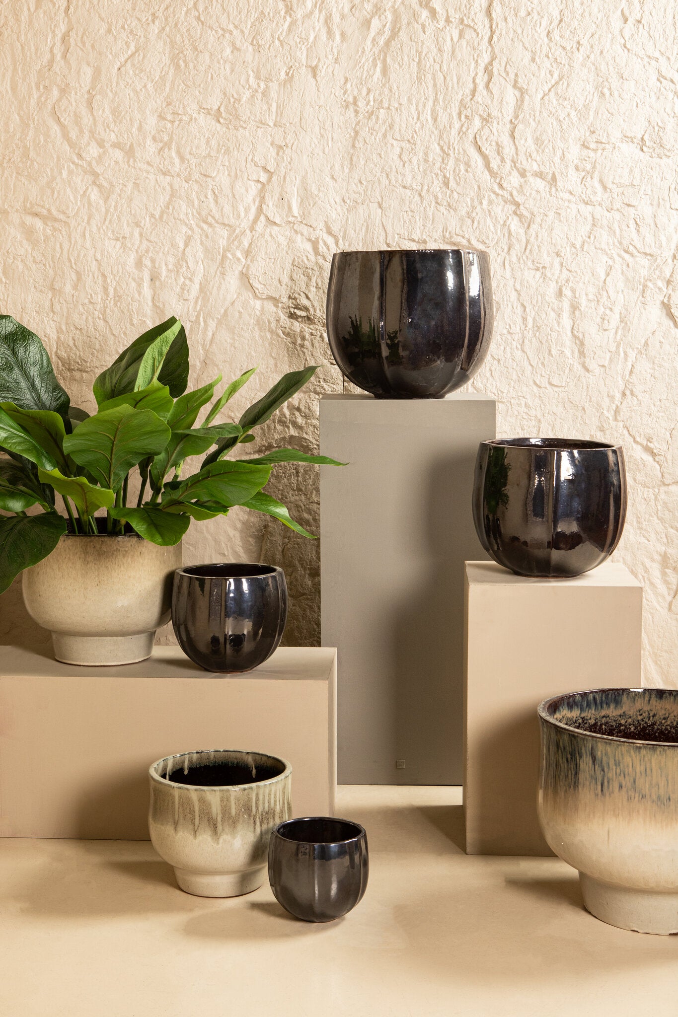 Ayasha Silver glazed ceramic pot shiny round Set van 4 PTMD
