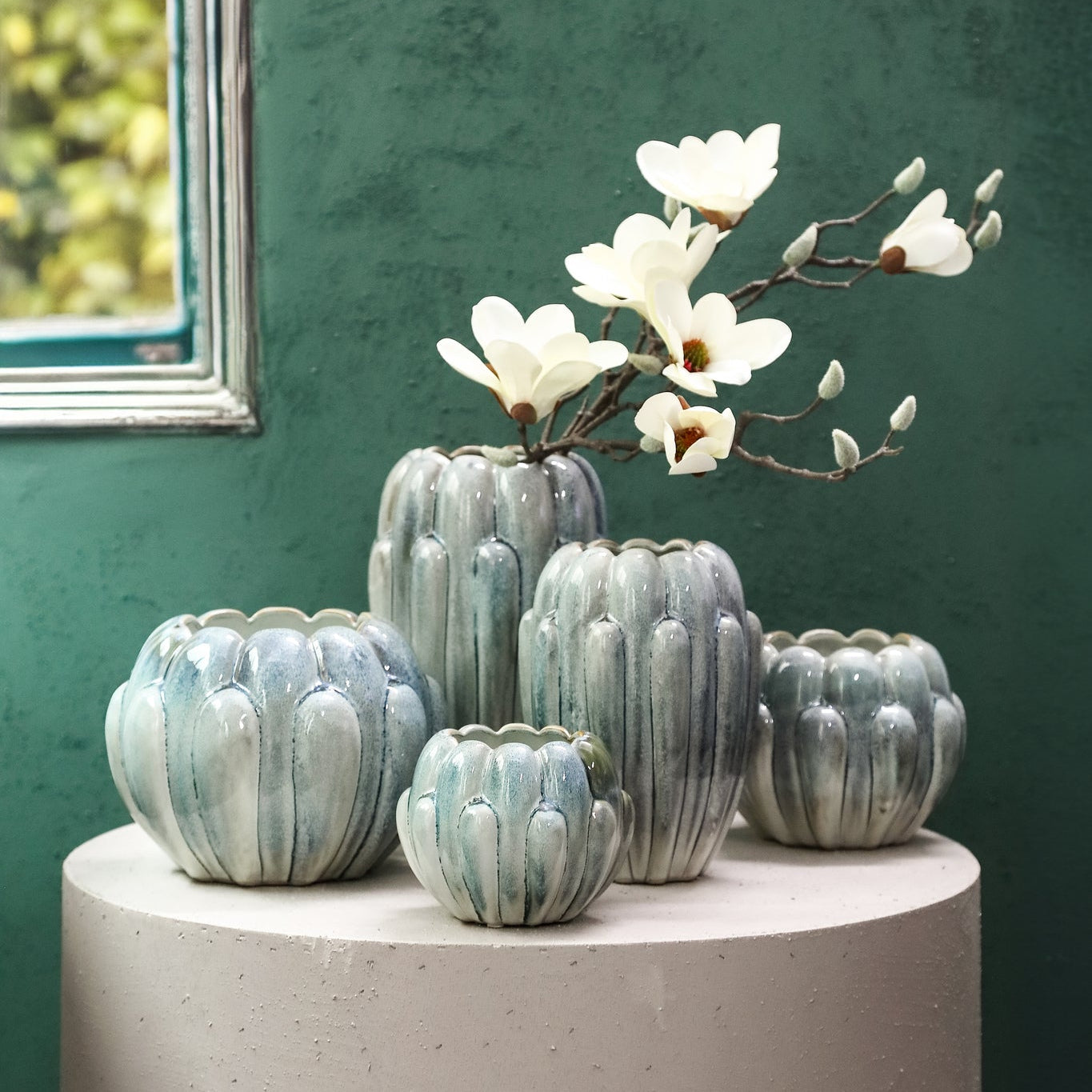 Divinder Petrol Ceramic Ribbed Pot Round L Dia 25cmXH19cm PTMD