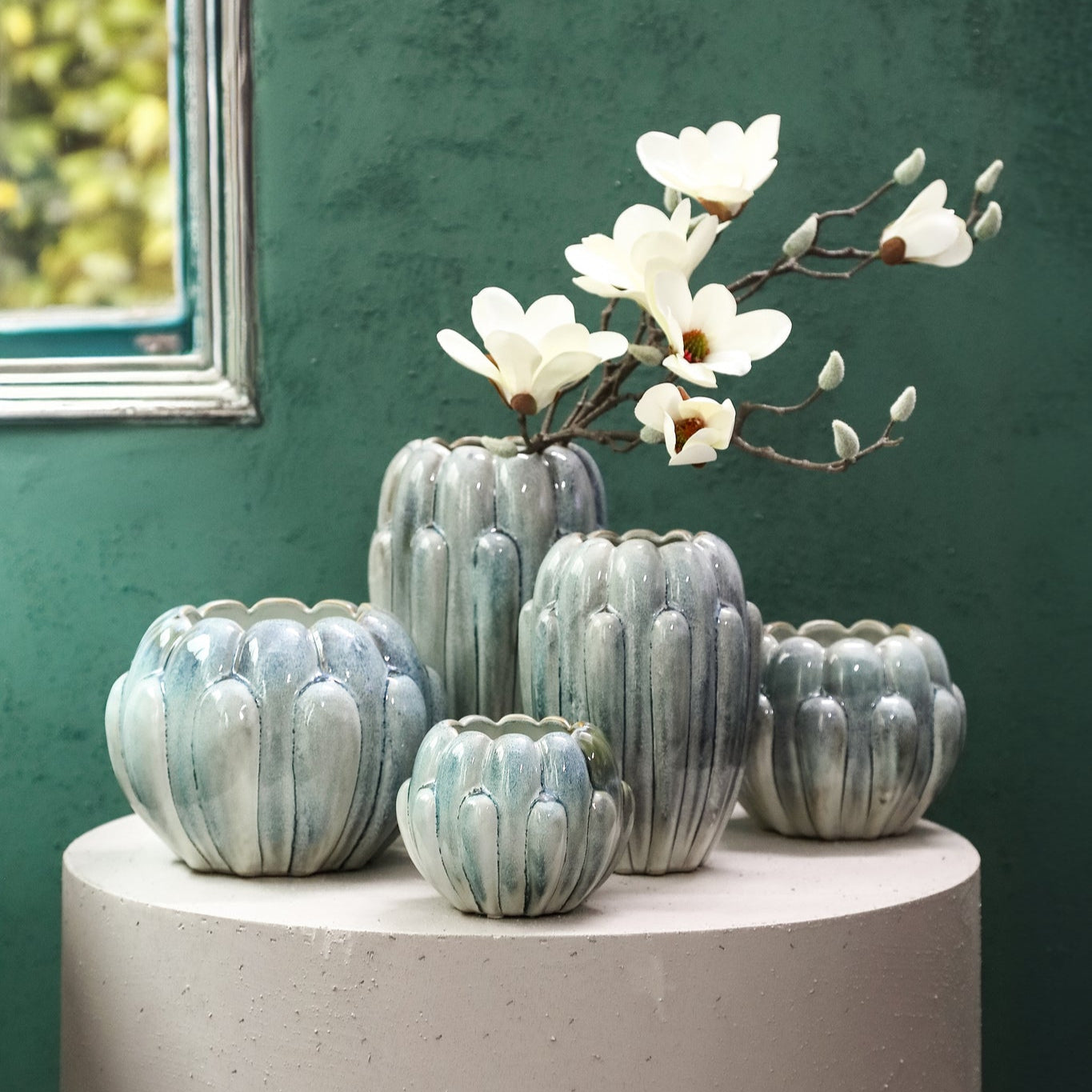 Divinder Petrol Keramiek Ribbed Pot Round M Dia20,5xH16cm PTMD