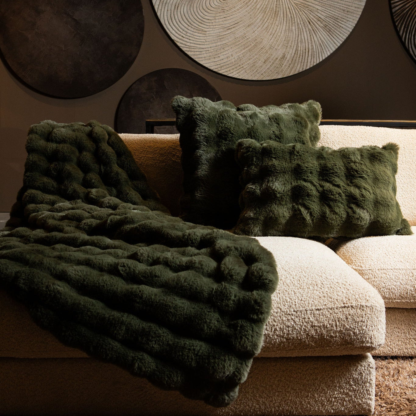 Dunae Moss Green Fake Fur Plaid Dotted Pattern L PTMD