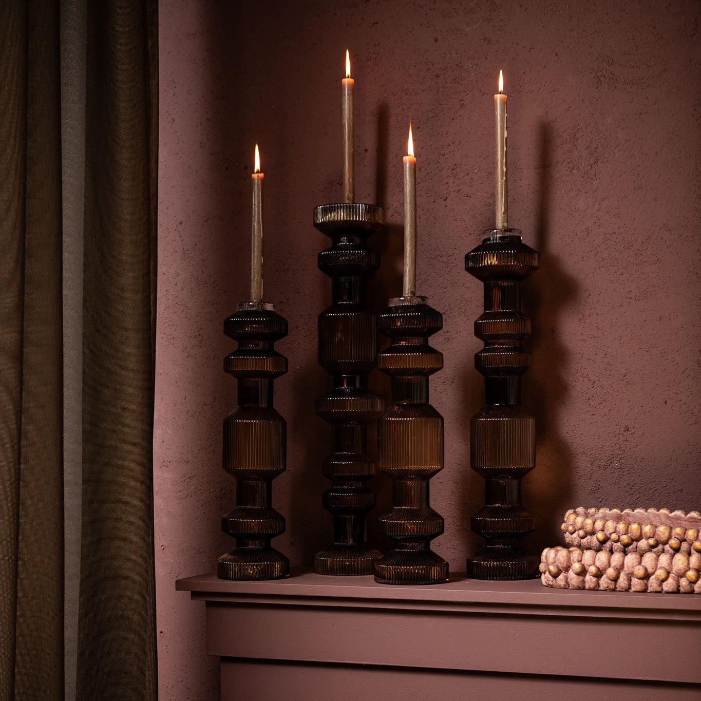 Galinda Bruine Geribbelde Glazen Kandelaar PTMD Set van 3