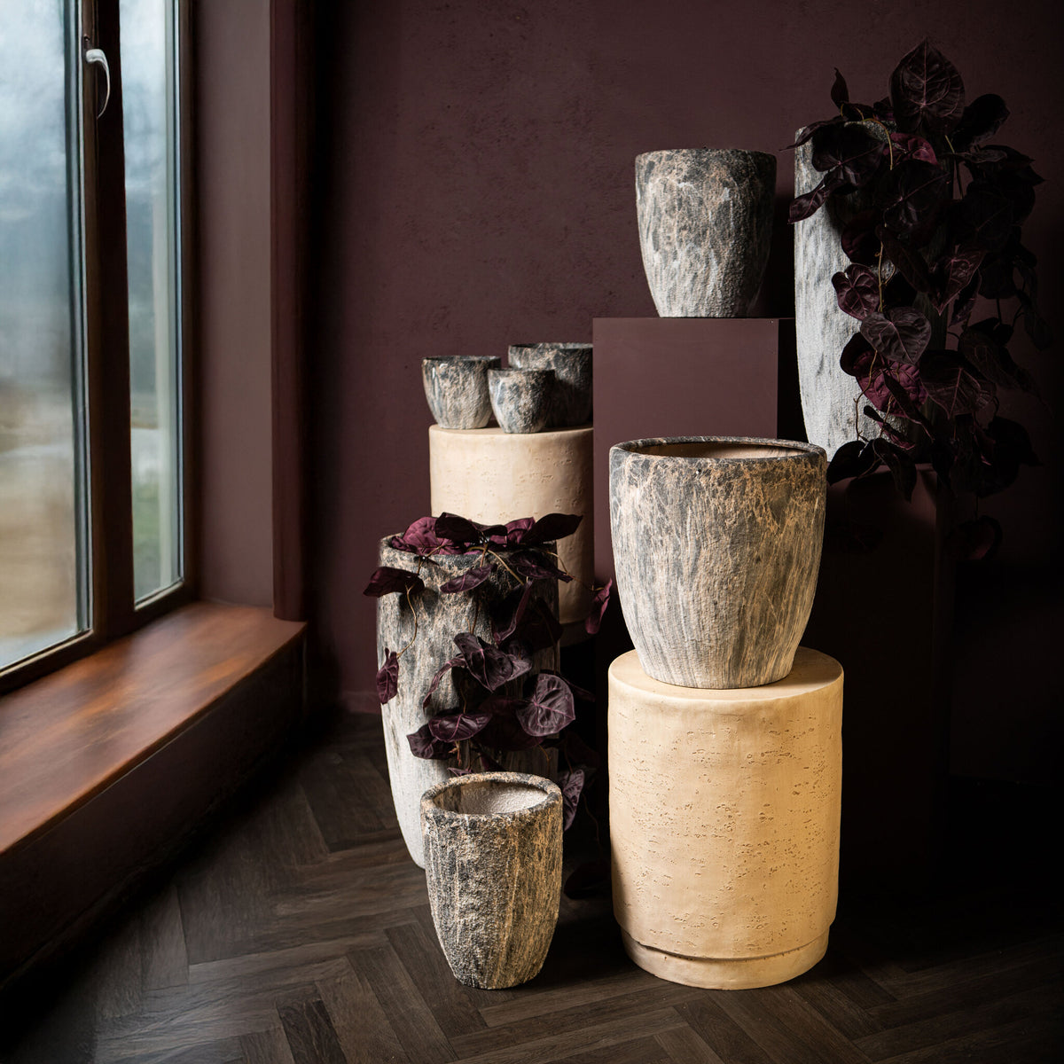 Miah Grey Ceramic Marble Look Pot Set Of 2 High PTMD