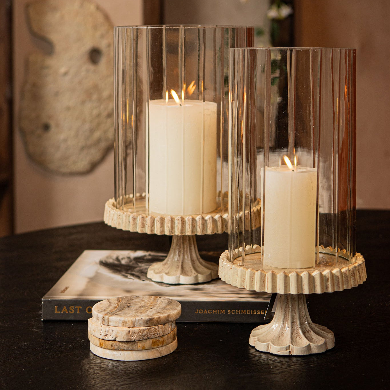 Windlicht Troye Beige Gegoten Aluminium Gesneden Glas Small PTMD