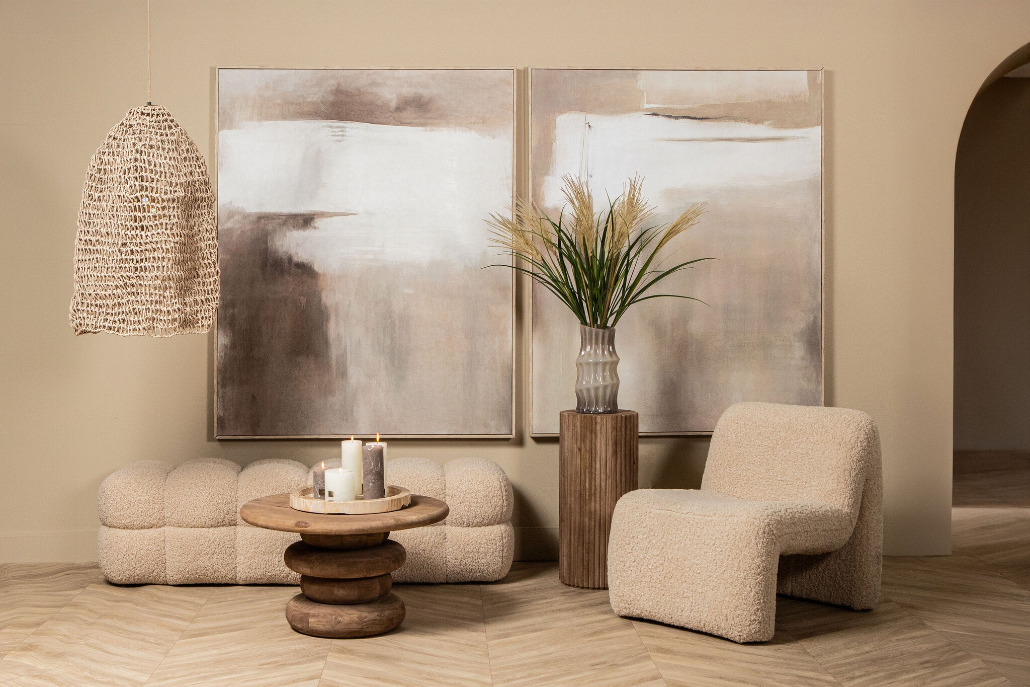 Abstract Wandpaneel Olger Beige Canvas Ingelijst PTMD