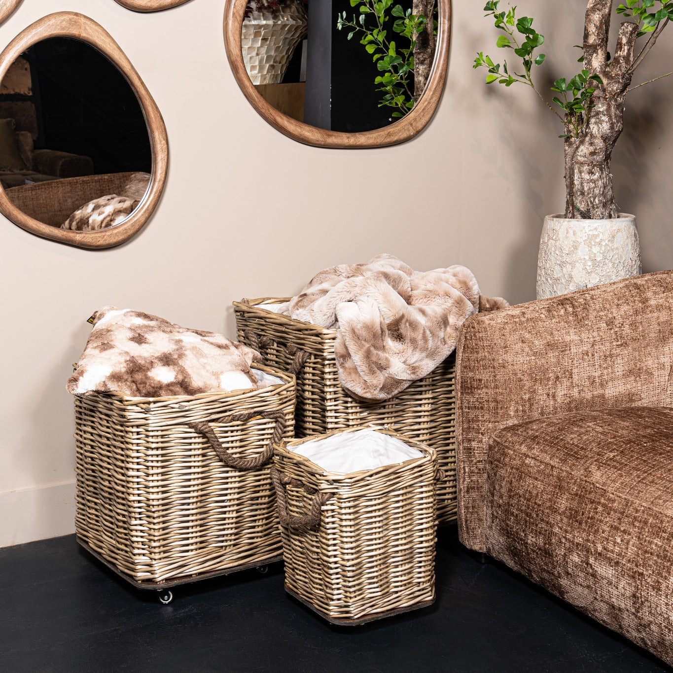 Mand Darrett Naturel Willow Vierkant met wielen Set van 3 PTMD