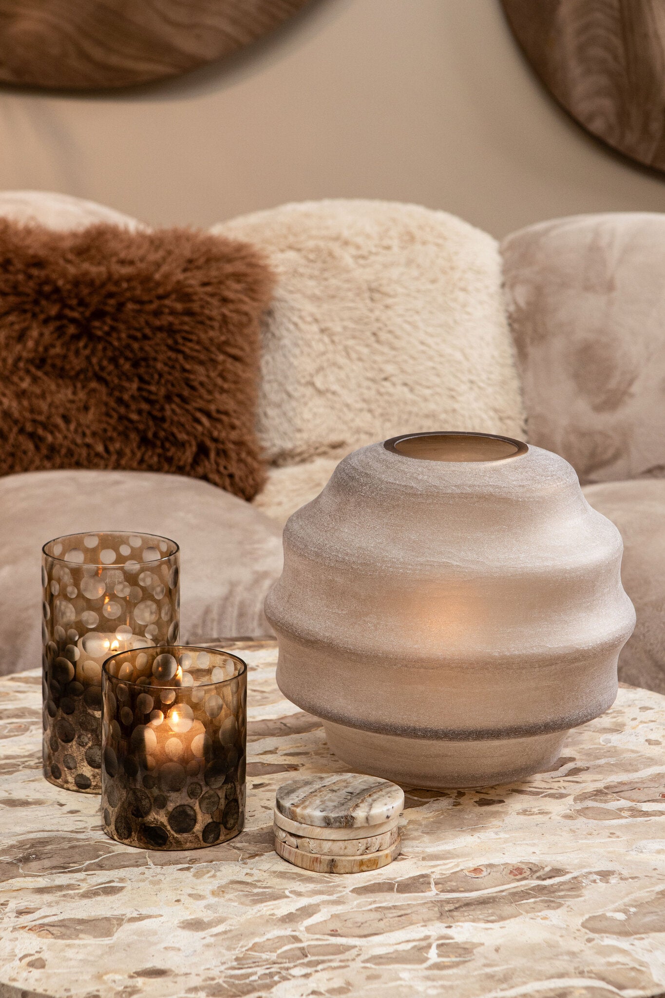 Elladie Beige Round Glass Layered Vase Low PTMD