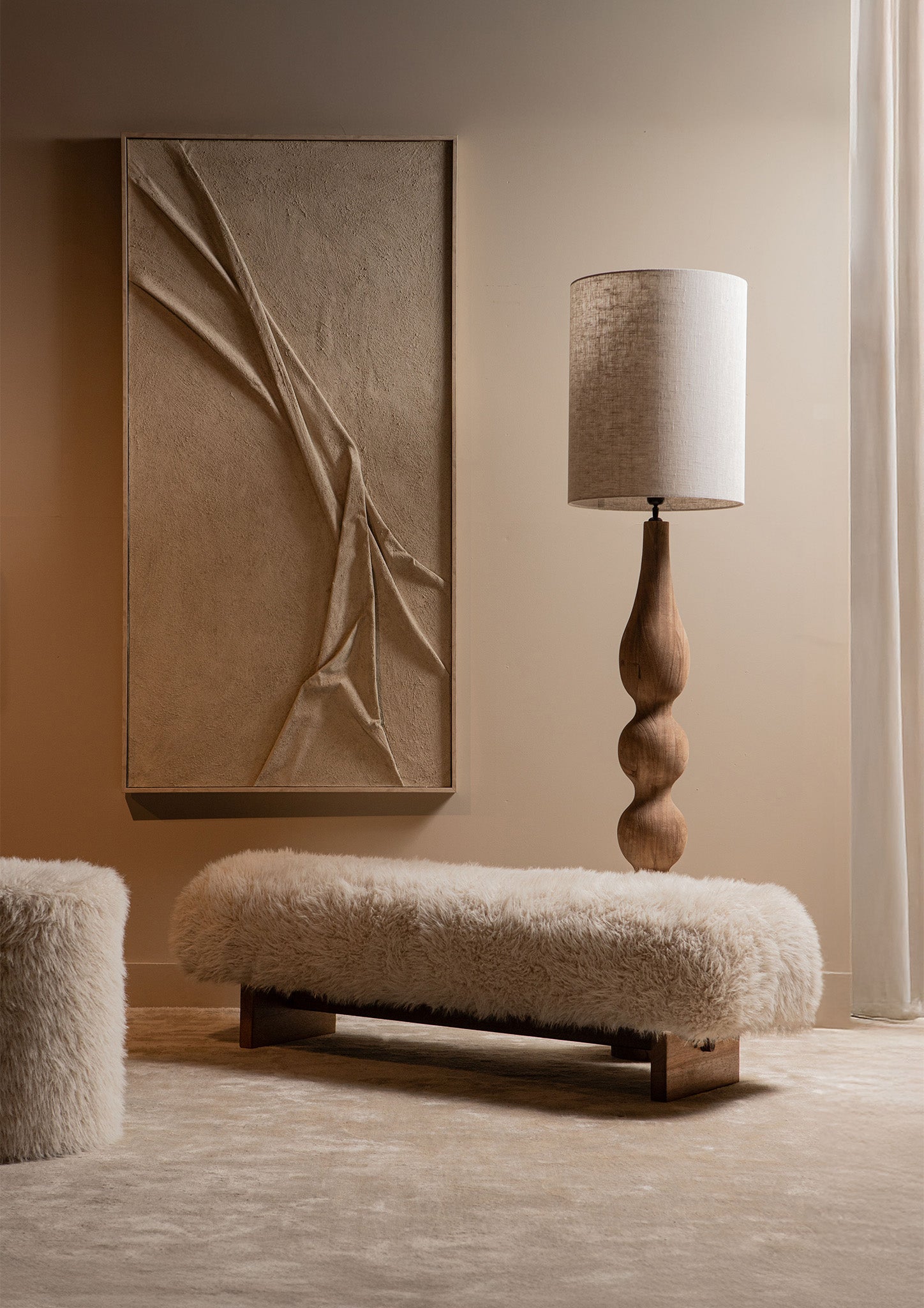 Hair Beige Fabric Bench With Wooden Legs PTMD