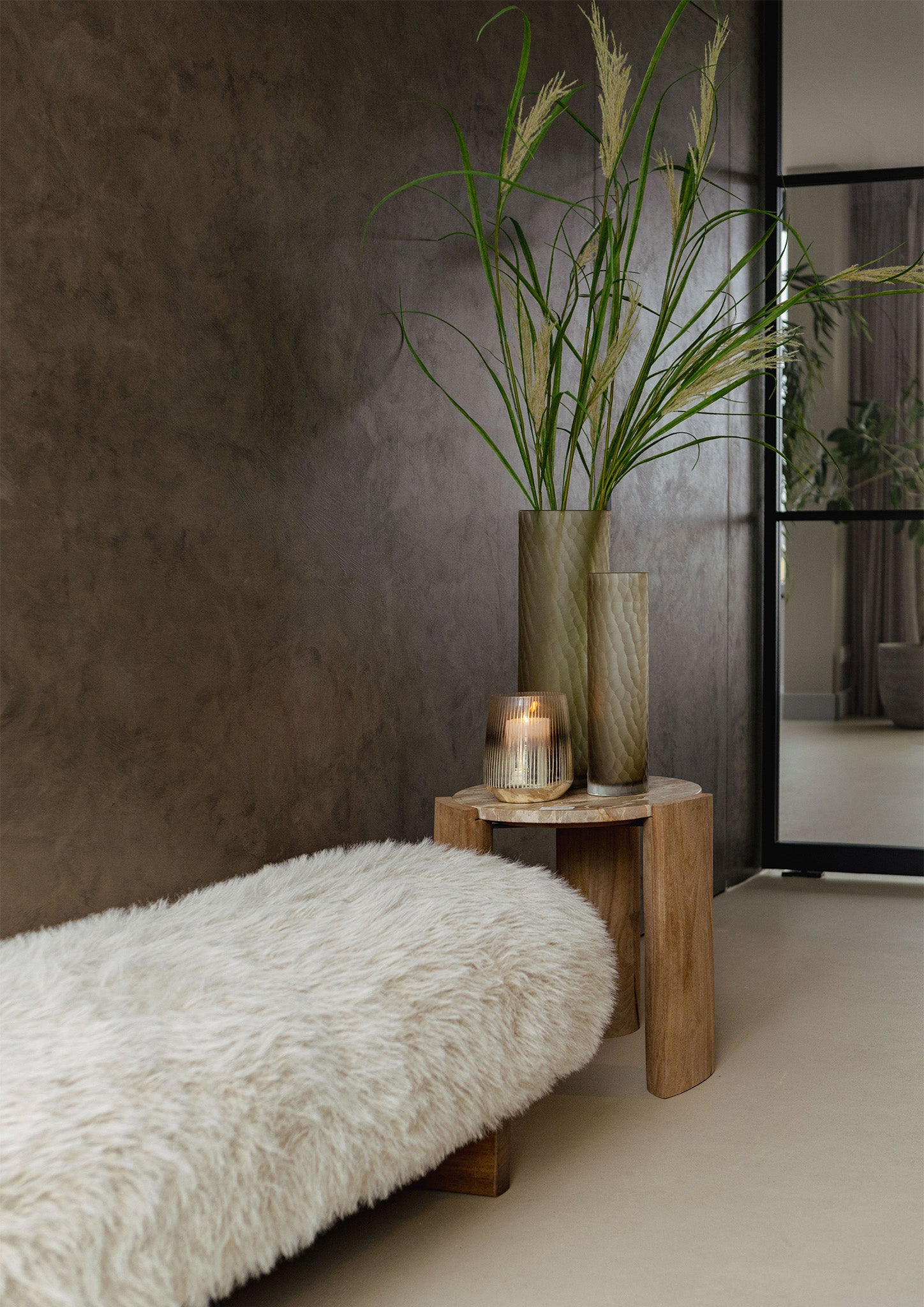 Hair Beige Fabric Bench With Wooden Legs PTMD