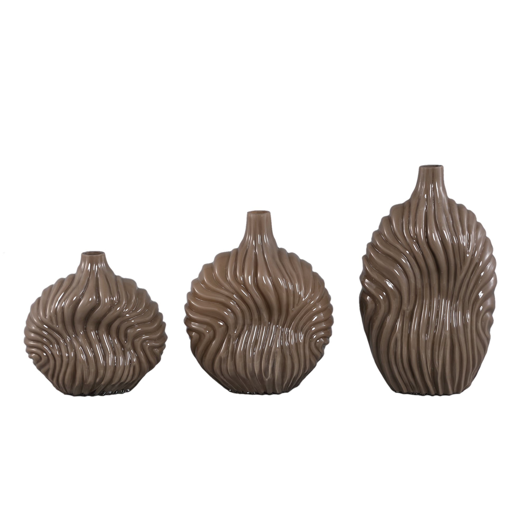 Vaas Kelline Taupe Rond Geribbelde Glas Hoog PTMD