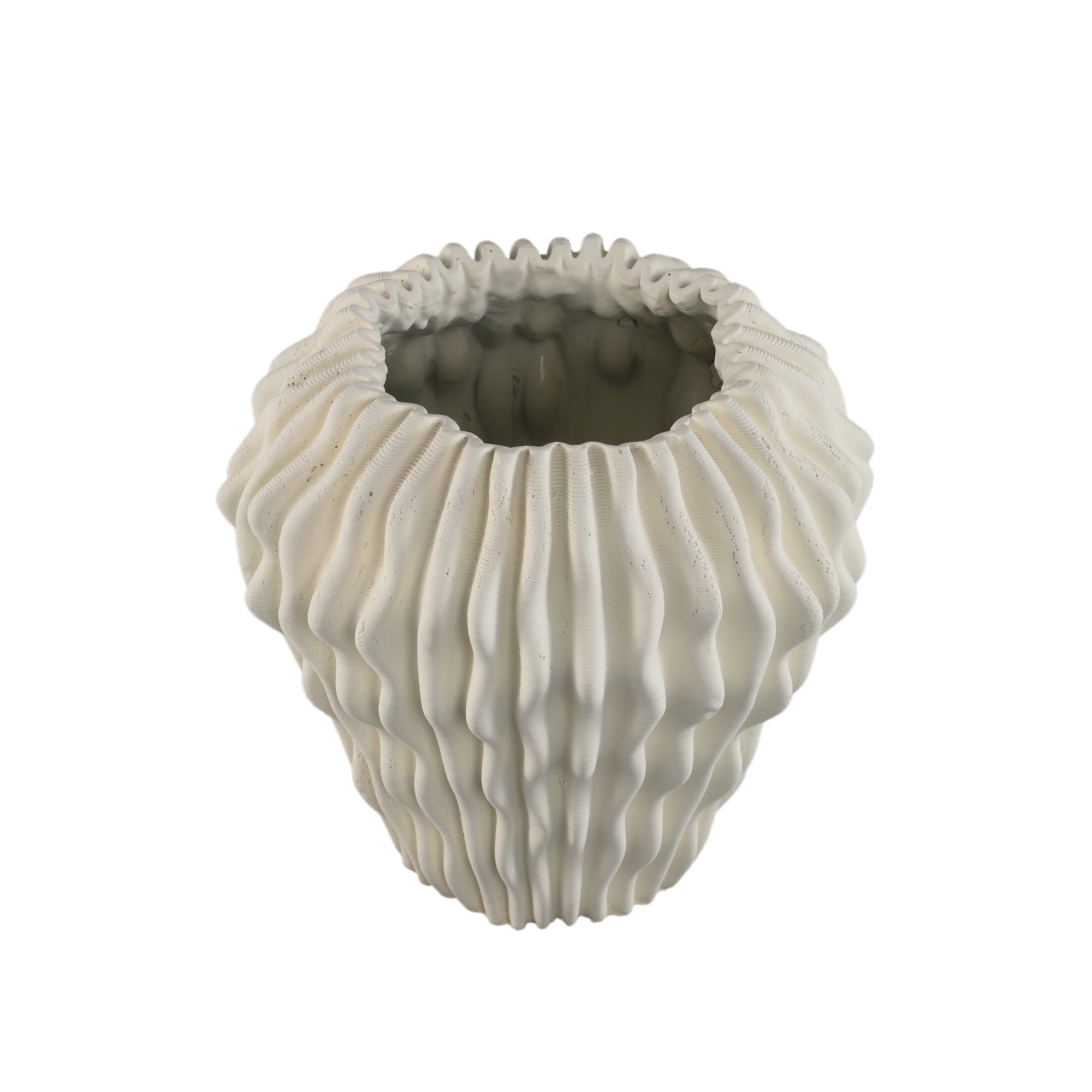Barren White Cement Round Vase 3D Wavy Pattern L PTMD