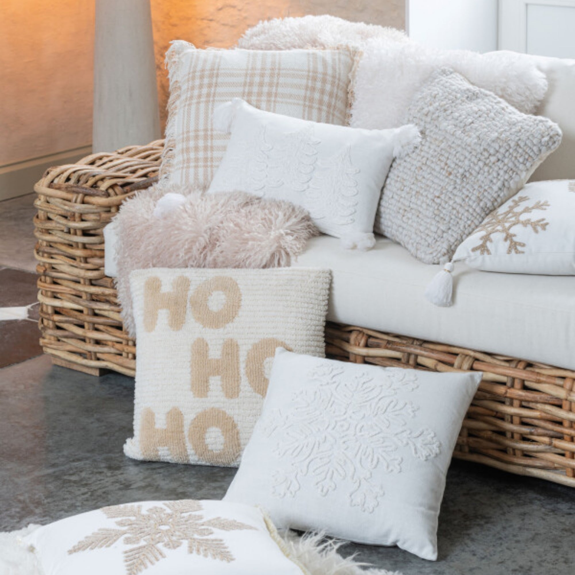 Kerstbundel Plaid & Kerstkussens HoHoHo Beige/Wit J-Line