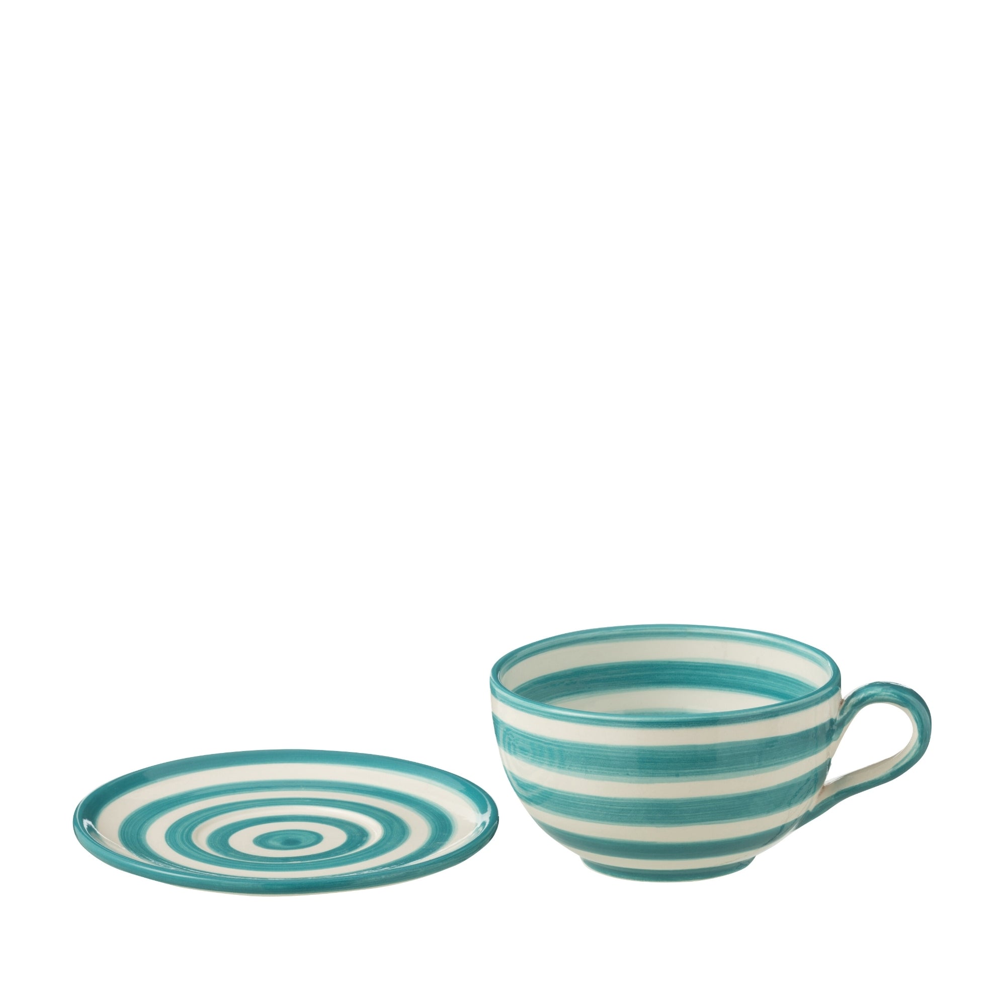 Koffiekop met Schaaltje Granada Strepen Aqua/Wit Keramiek J-Line