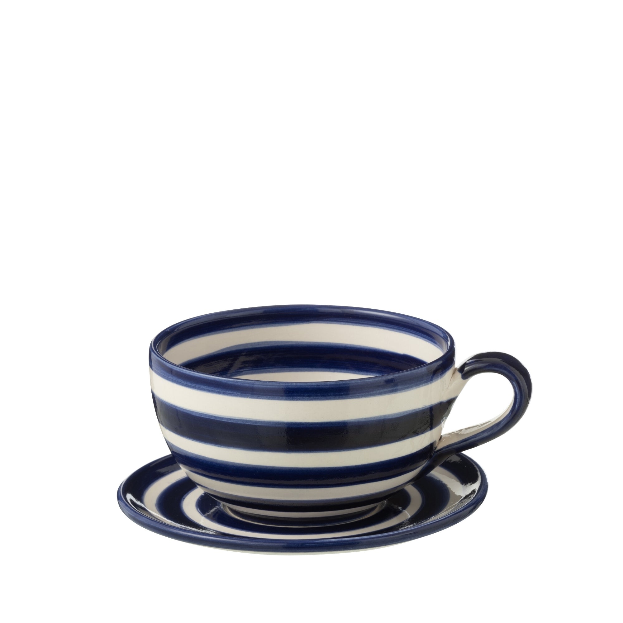 Koffiekop met Schaaltje Granada Strepen Cobalt Blauw/Wit Keramiek J-Line