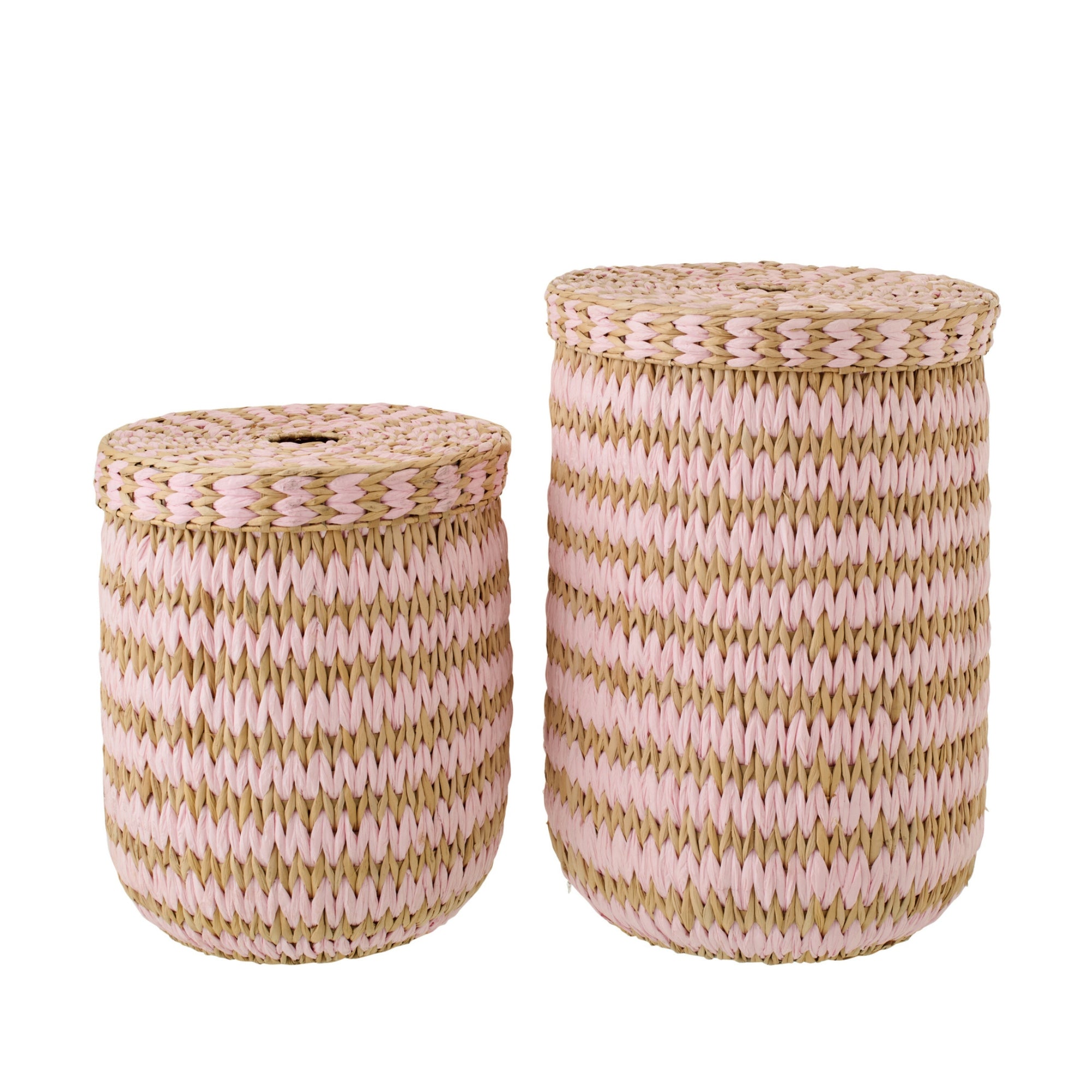 Set Van 2 Mand Met Deksel Gestreept Bies Naturel/Lichtroze J-Line