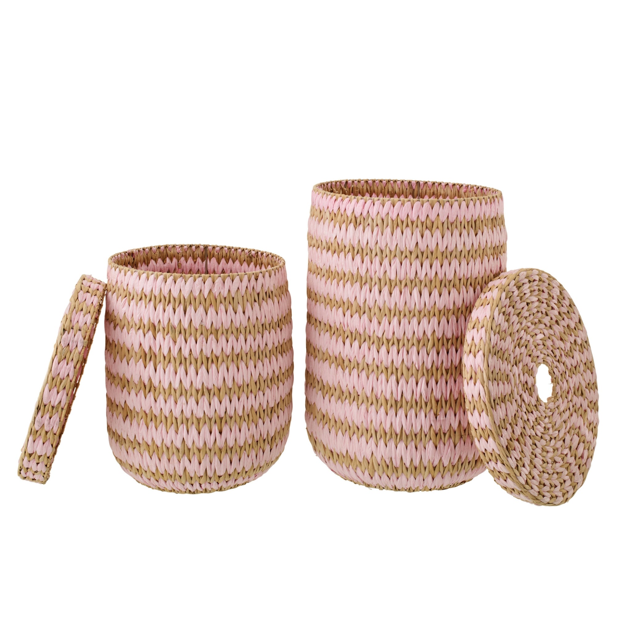 Set Van 2 Mand Met Deksel Gestreept Bies Naturel/Lichtroze J-Line