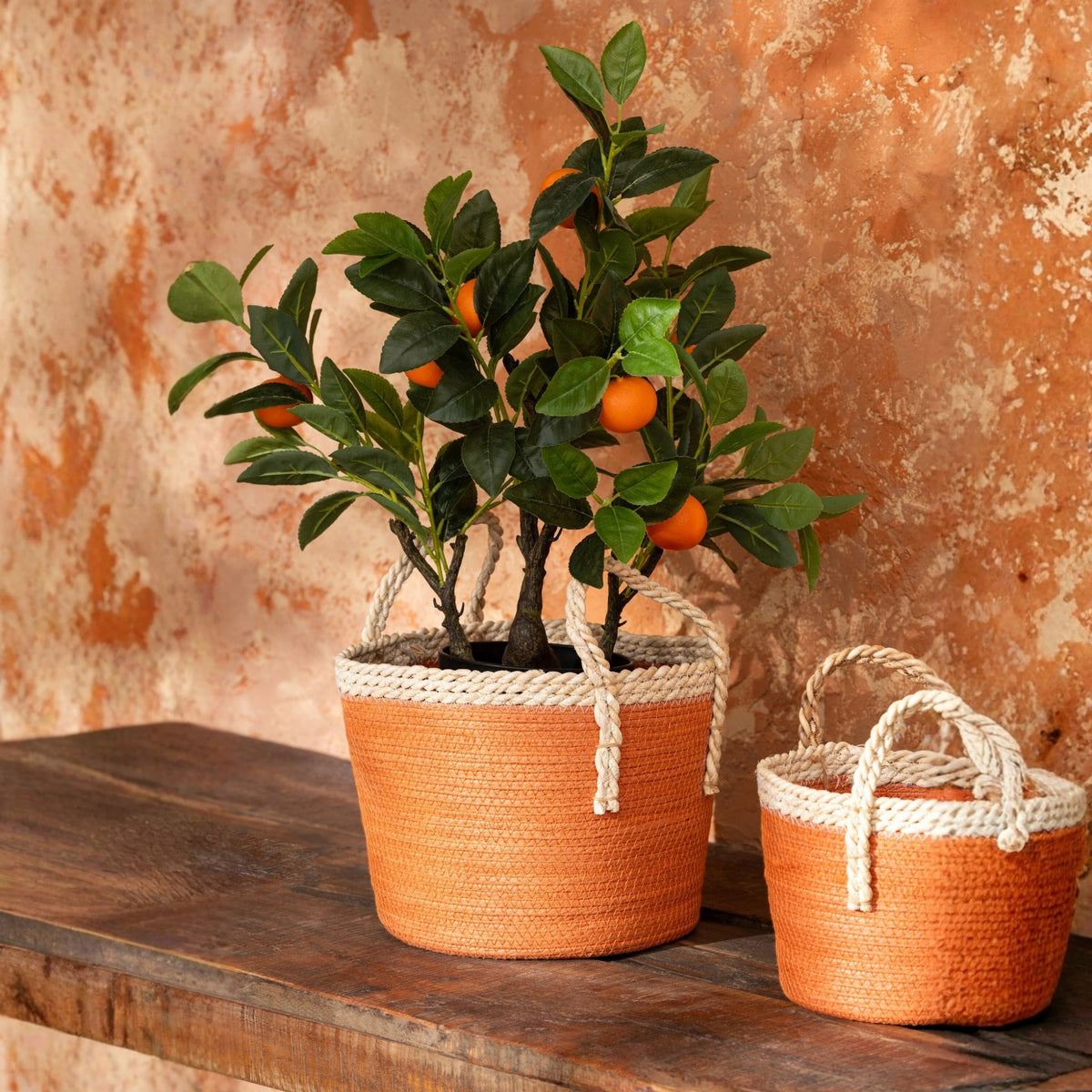 Set Van 3 Mand Met Handvatten Papier Donkeroranje/Naturel J-Line