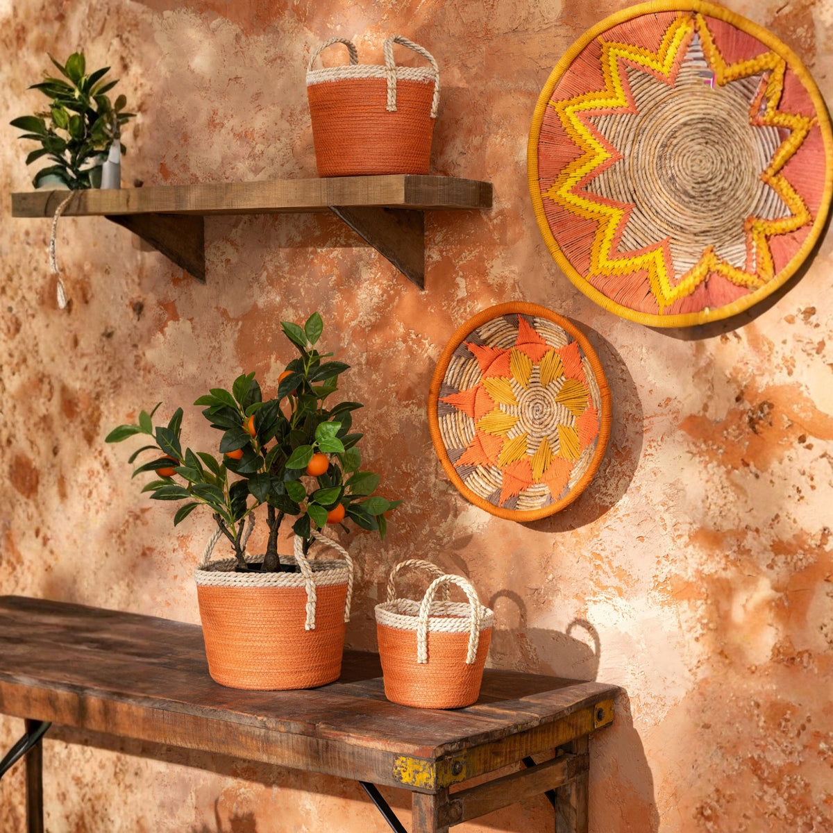 Set Van 3 Mand Met Handvatten Papier Donkeroranje/Naturel J-Line