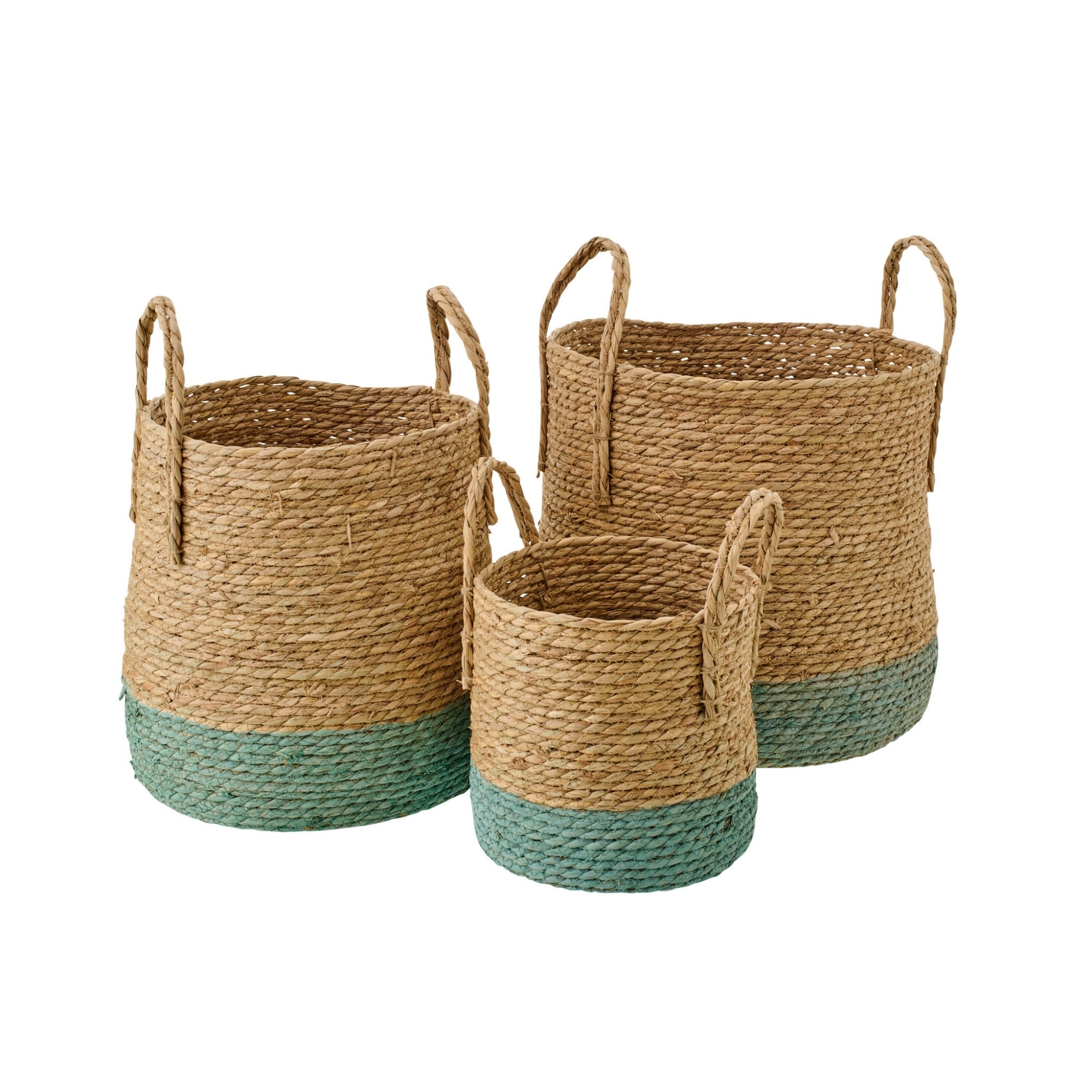 Set Van 3 Mand Met Handvatten Bies Naturel/Grijsgroen J-Line