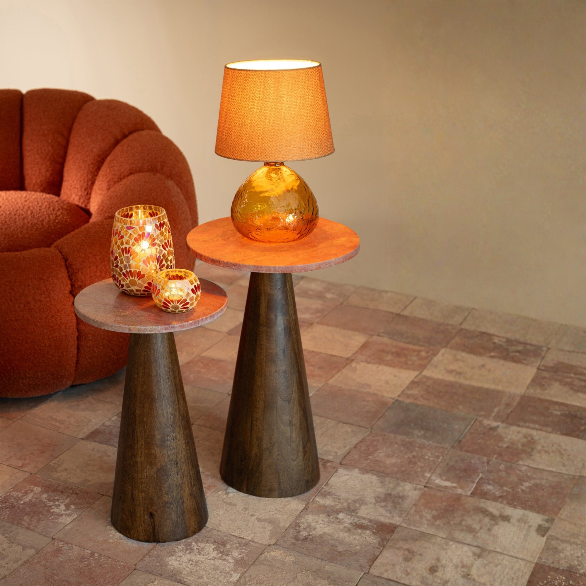 Bijzettafel Rond Marmer - Hout - Terracotta/bruin - Set van 2 J-Line