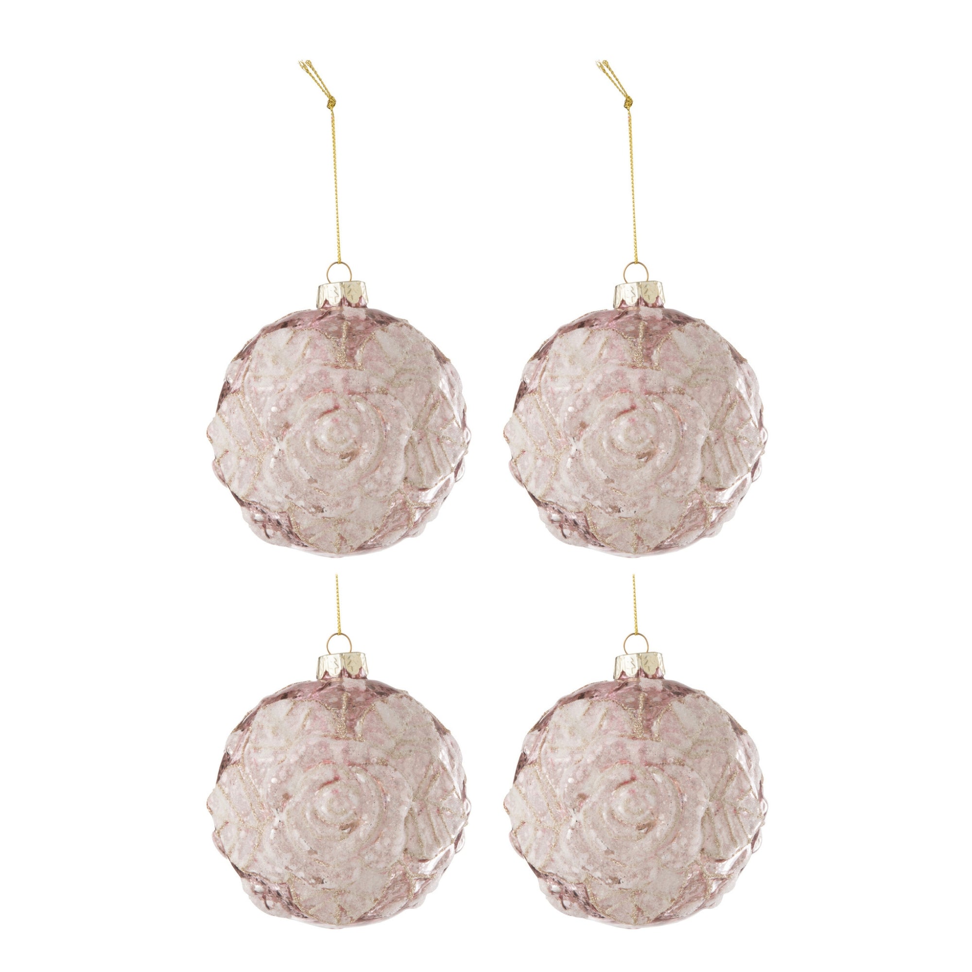 Doos Van 4 Kerstbal Motief Roos Pailletten Glas Licht Roze Large J-Line