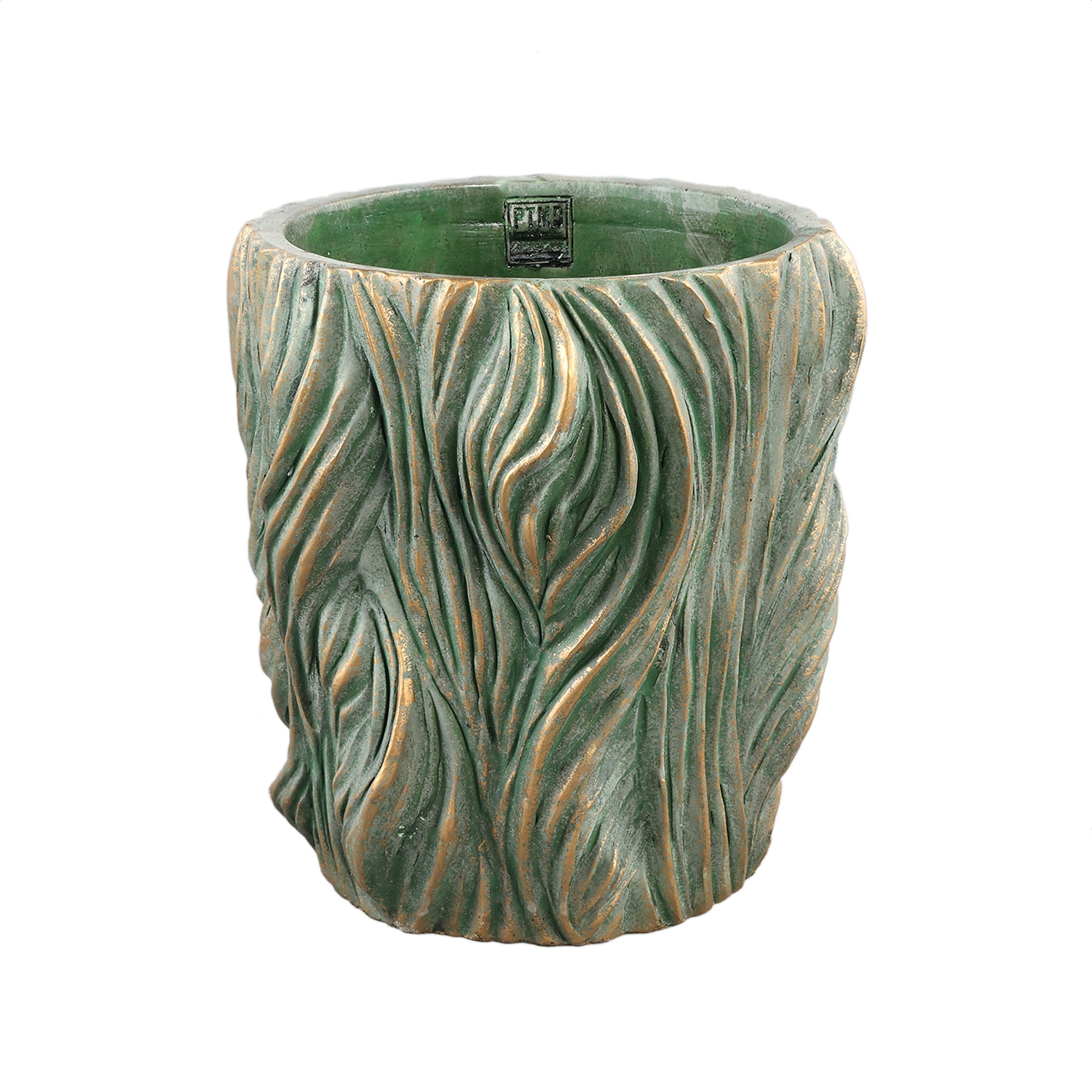 Alexio Green Round Cement Pot Wavy Lines Low XL Ø30xH30cm PTMD - Pot - PTMD - livinglovely.nl