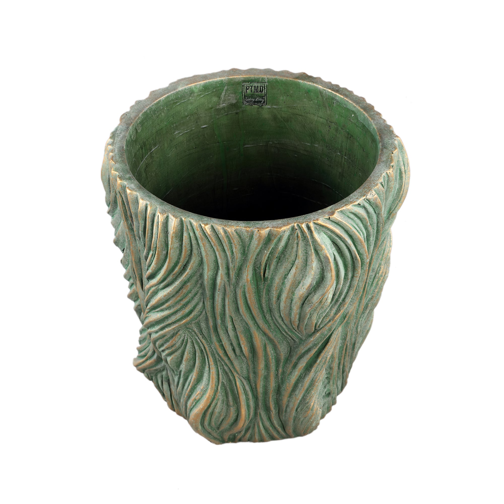 Alexio Green Round Cement Pot Wavy Lines Low XXL Ø40xH40cm PTMD - Pot - PTMD - livinglovely.nl