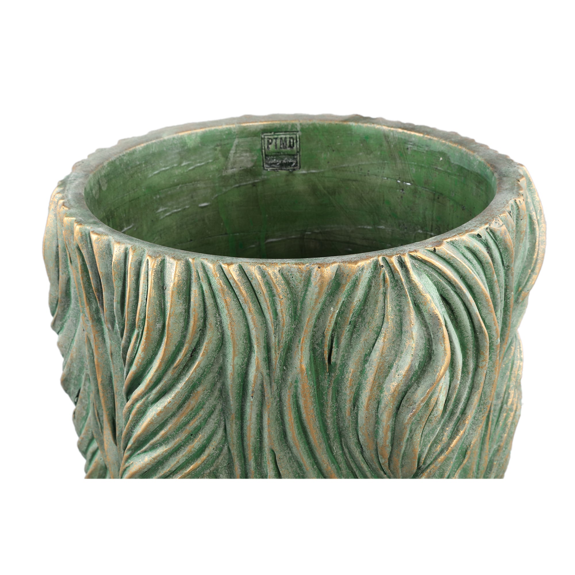 Alexio Green Round Cement Pot Wavy Lines Low XXL Ø40xH40cm PTMD - Pot - PTMD - livinglovely.nl