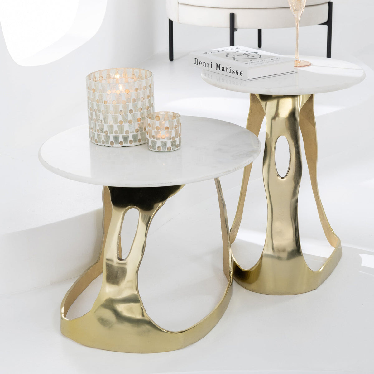 Bijzettafel Aluminium/Steen Goudkleurig/Wit Set van 2 J-Line