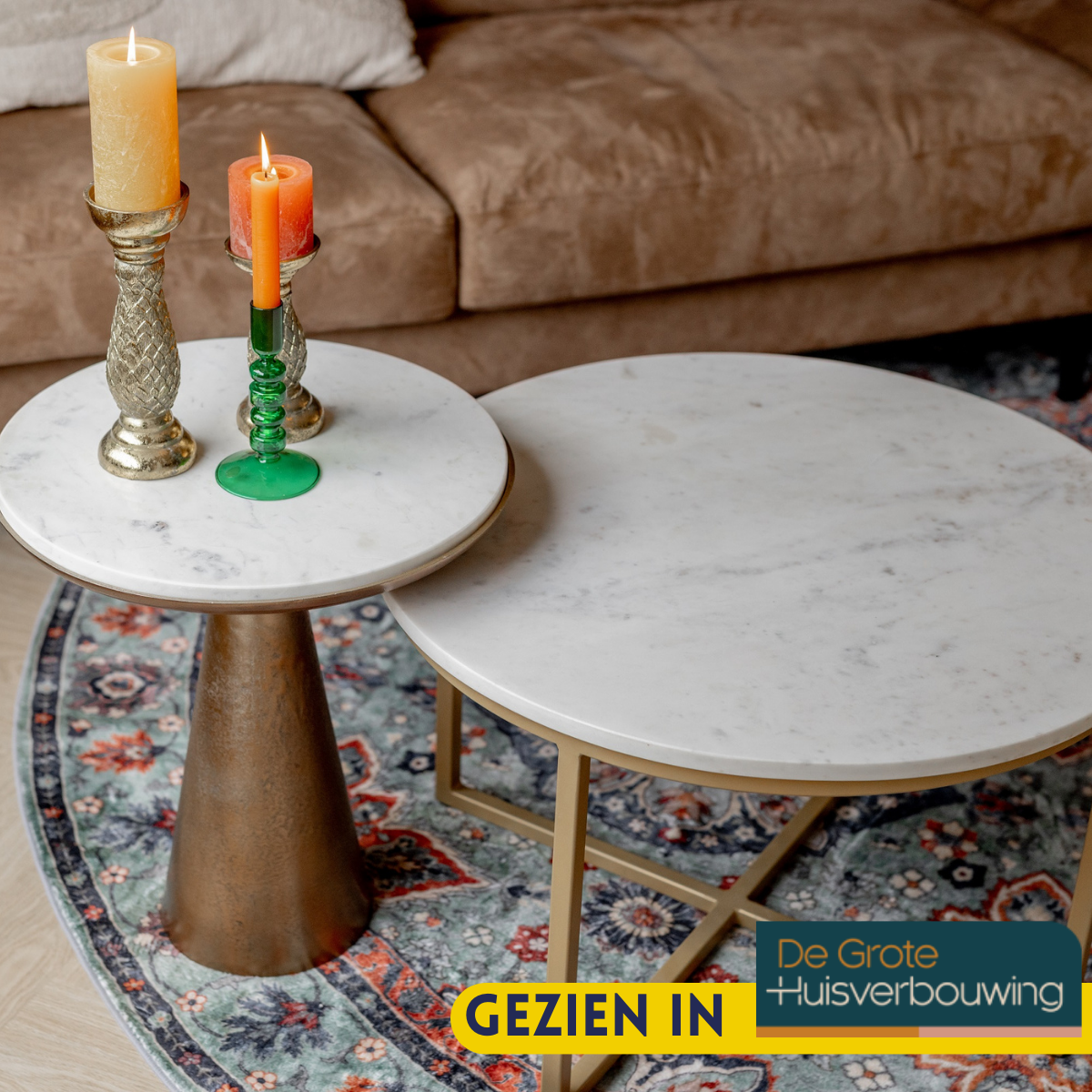 Ronde bijzettafel Essy van Starfurn, wit marmer met goud, 45cm doorsnede en 50cm hoog