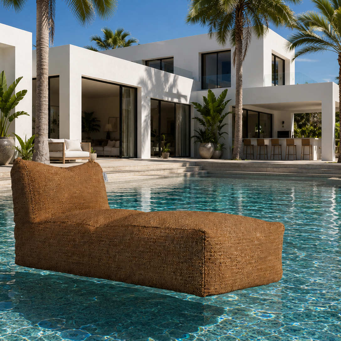 Terracotta Boho Long Chair van Laui Lounge in een buitensetting met planten en naturel accessoires