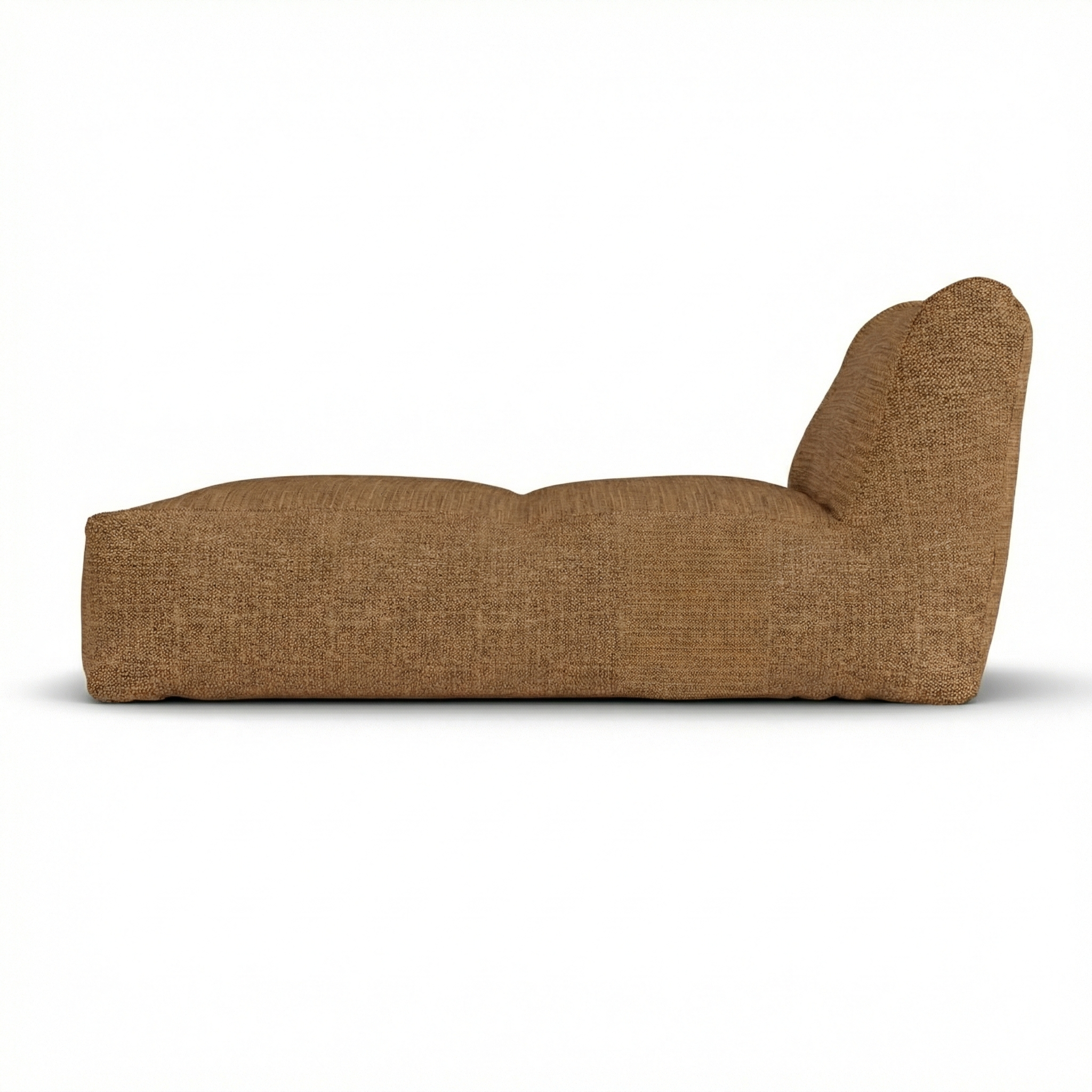 Boho loungestoel in terra van opzij, met zichtbare diepte van 150 centimeter