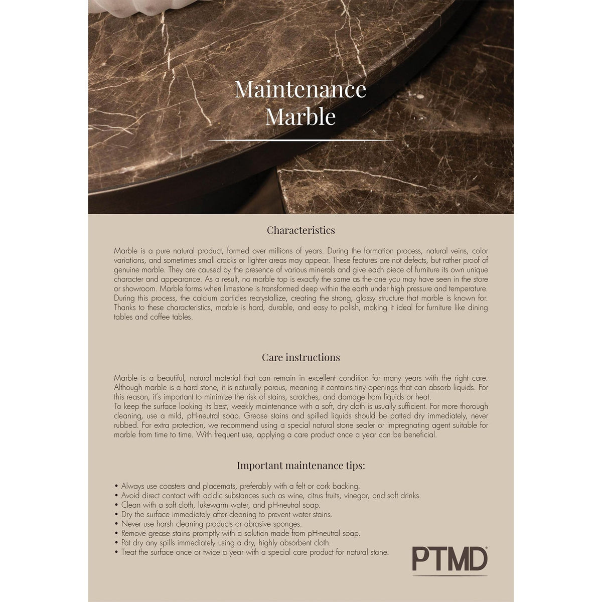 Informatiekaart van PTMD over het marmer van de Bregt salontafel