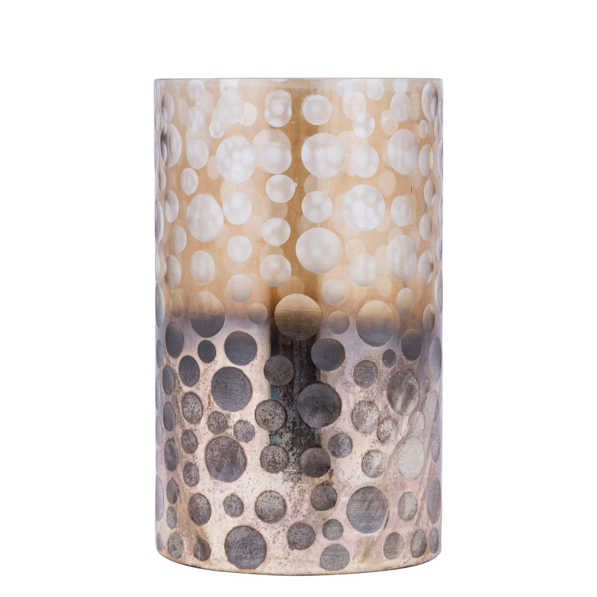 Bridgid Windlicht Bruin Ombre Large van PTMD, rond glas met gouden en grijze stippen op witte achtergrond