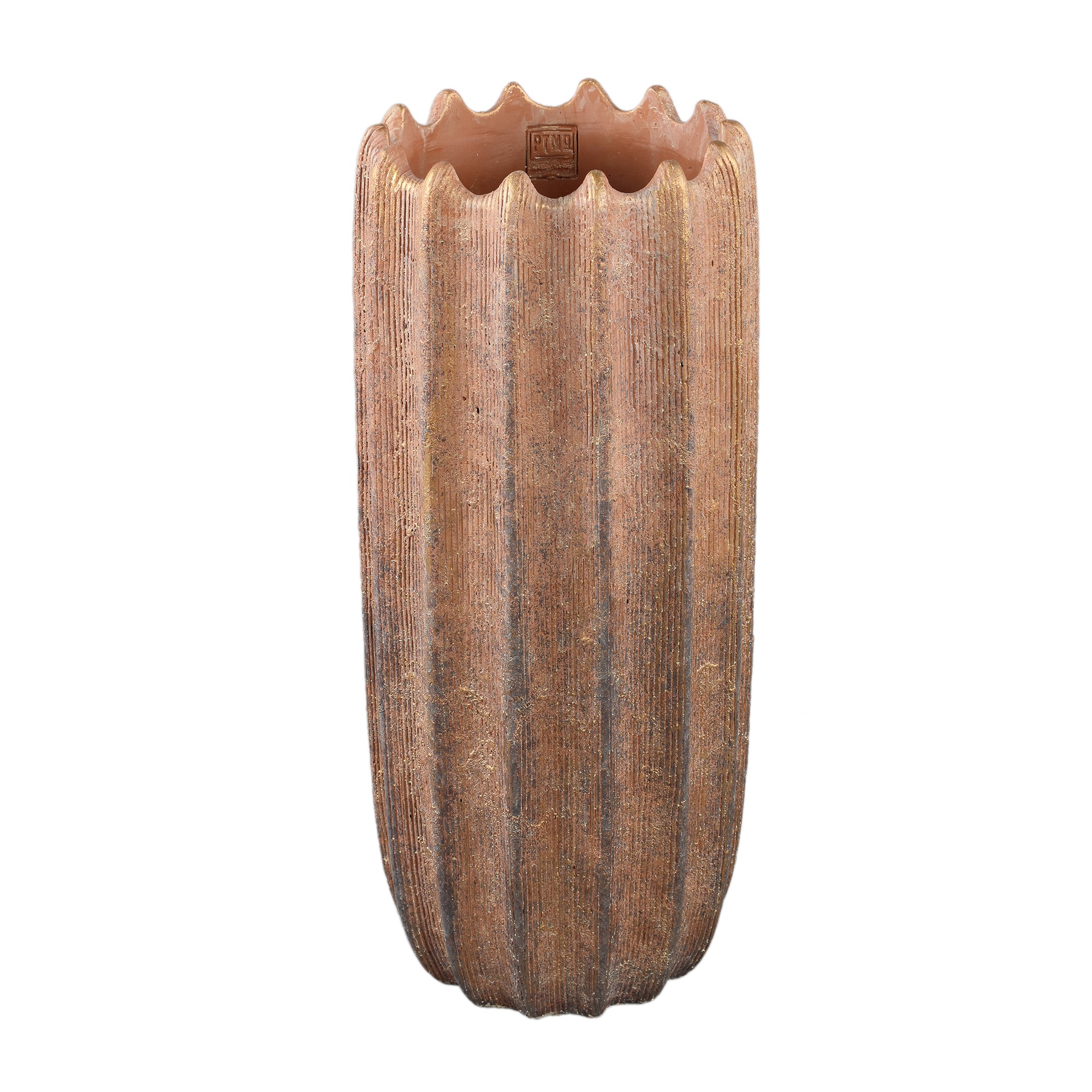 Brigett Copper Cement Pot Ribbed Round High L van PTMD, hoge koperkleurige geribbelde cementpot op witte achtergrond